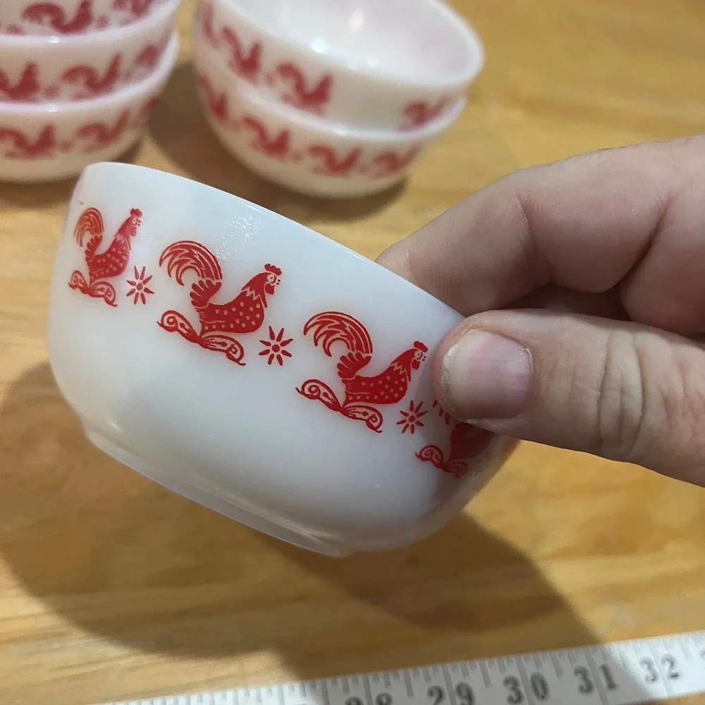 Vtg Hazel Atlas Red Rooster Milk Glass Fruit Bowls‎ Set of 6 Mid Century Modern